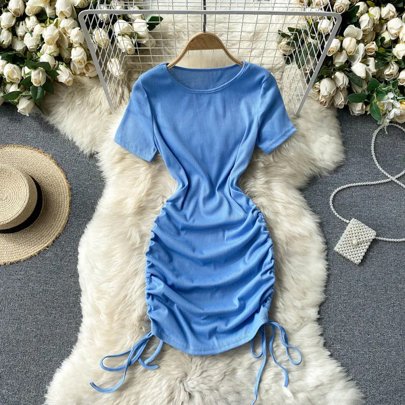 

ELIJOIN2021 autumn sexy dress drawstring fold slim short sexy bag hip skirt short sleeve dress female summer dress tide.