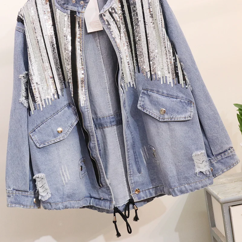 

Autumn new Sequins Denim Jacket Women Bomber Jacket Fashion Long Sleeves Coats Vintage Hippie Jeans Jacket Colete Feminino R832