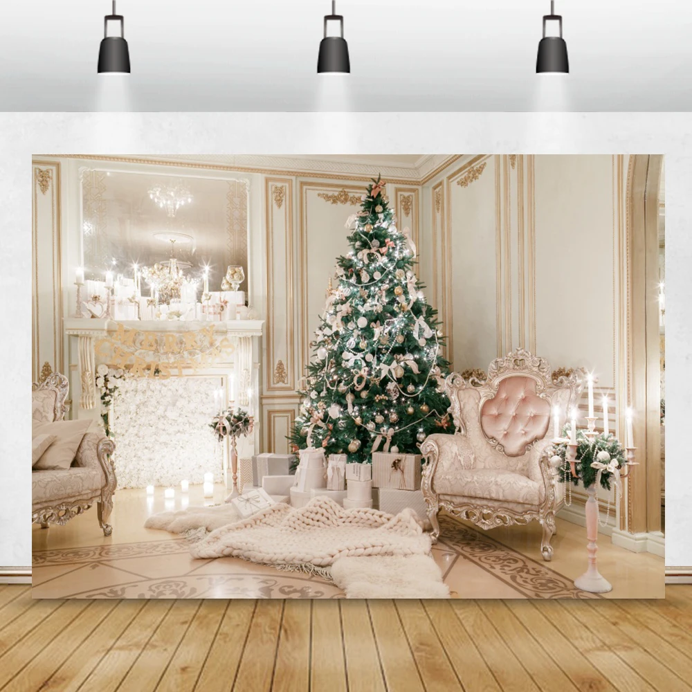 

Photo Backdrop Christmas Tree Royal Luxurious Chic Room Fireplace Sofa Flower Gift Kid Interior Photocall Photography Background