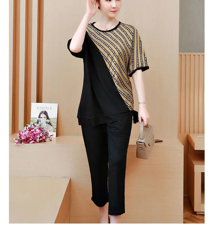 Комплект из 2 предметов размера плюс, большой 3XL, 4XL, 5XL, спортивный костюм для женщин, комплект в полоску, комплект из штанов и топа, летние костюмы