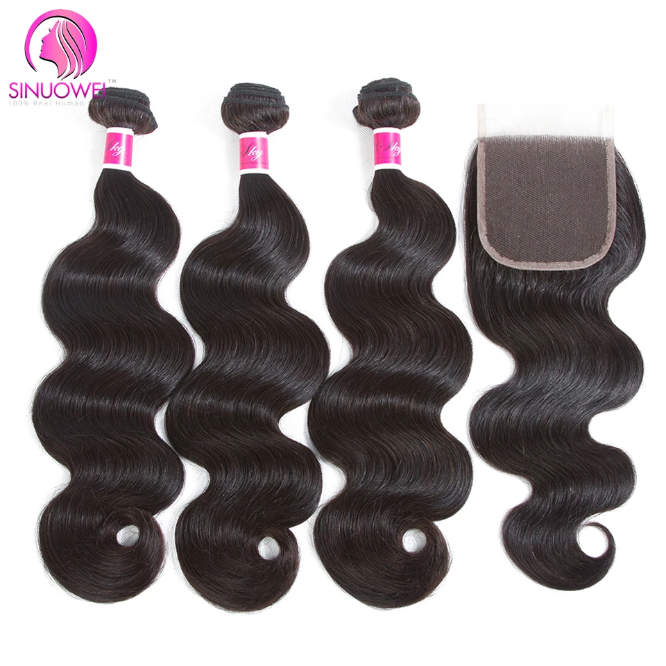 

Sinuowei Brazilian Body Wave 3 Or 4 Human Hair Bundles With Closure 100g Bundle Deals With 4X4 Lace Closures Can Be Colored