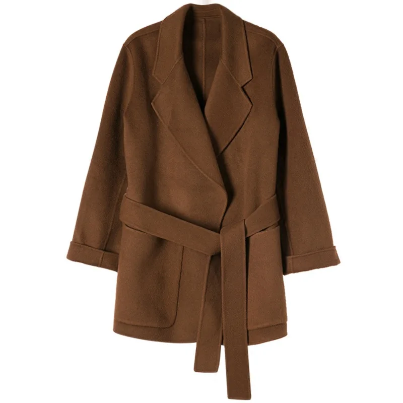 Winter Korean Women Wool 100% Coat Robe Style High Street Large 2 Pockets Double Faced Handmade Short Design with Belt | Женская одежда