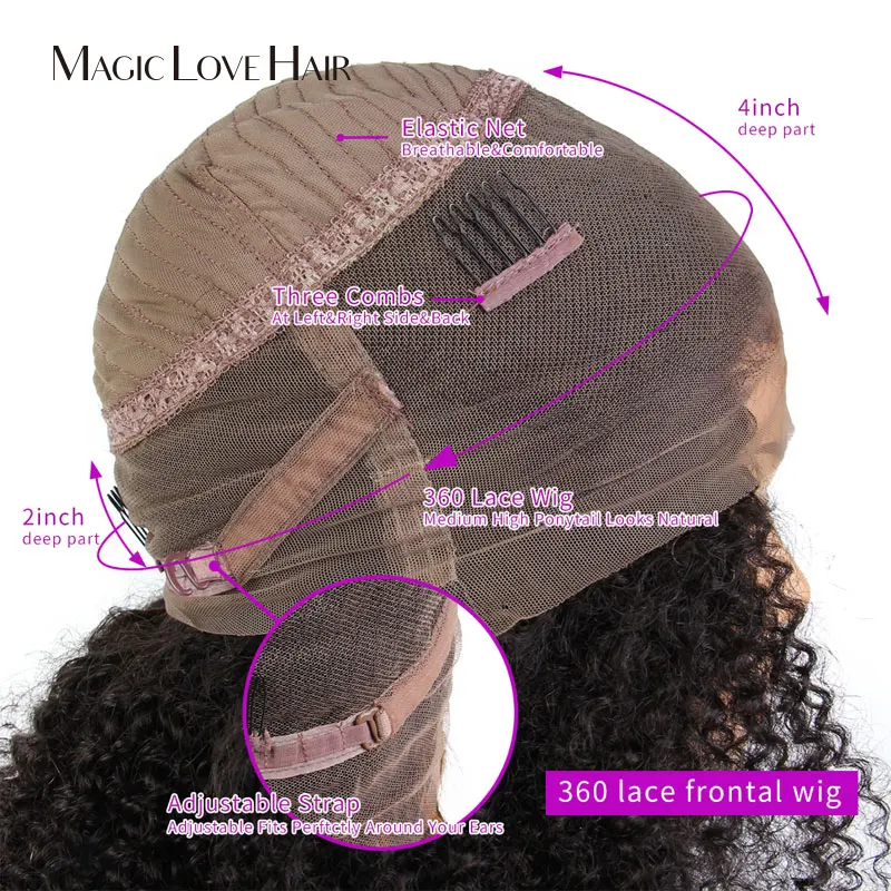 Magic Love Kinky Curly Hair Wig Natural 360 Lace Front Human Wigs Preplucked Remy For Women Black | Шиньоны и парики