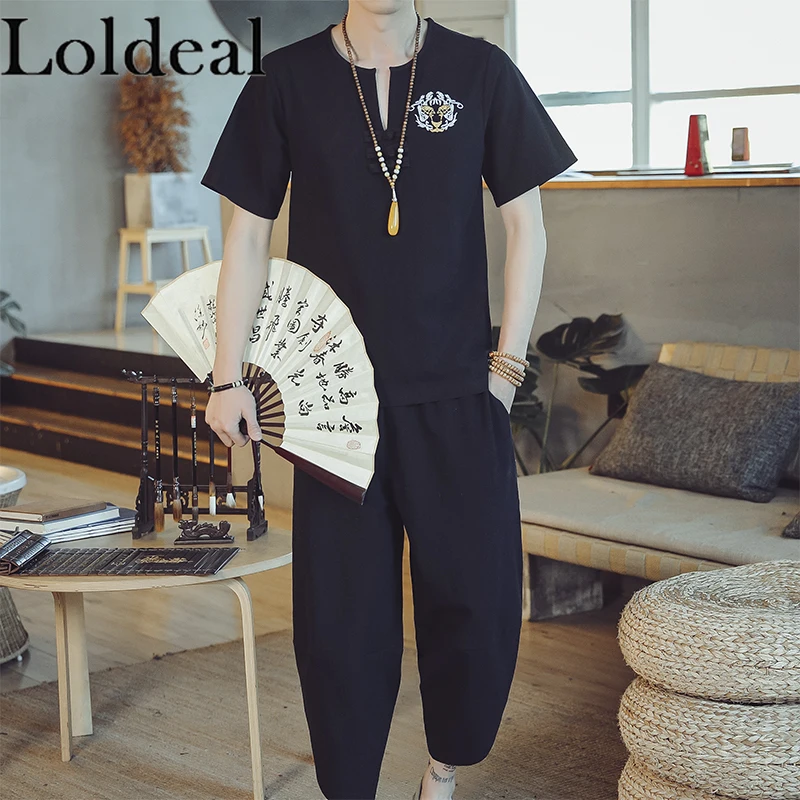 

Loldeal Chinese Style Short-sleeved Tshirt Set Men Slim V-neck Cotton and Linen Embroidery Casual Pullover + Cropped Pants