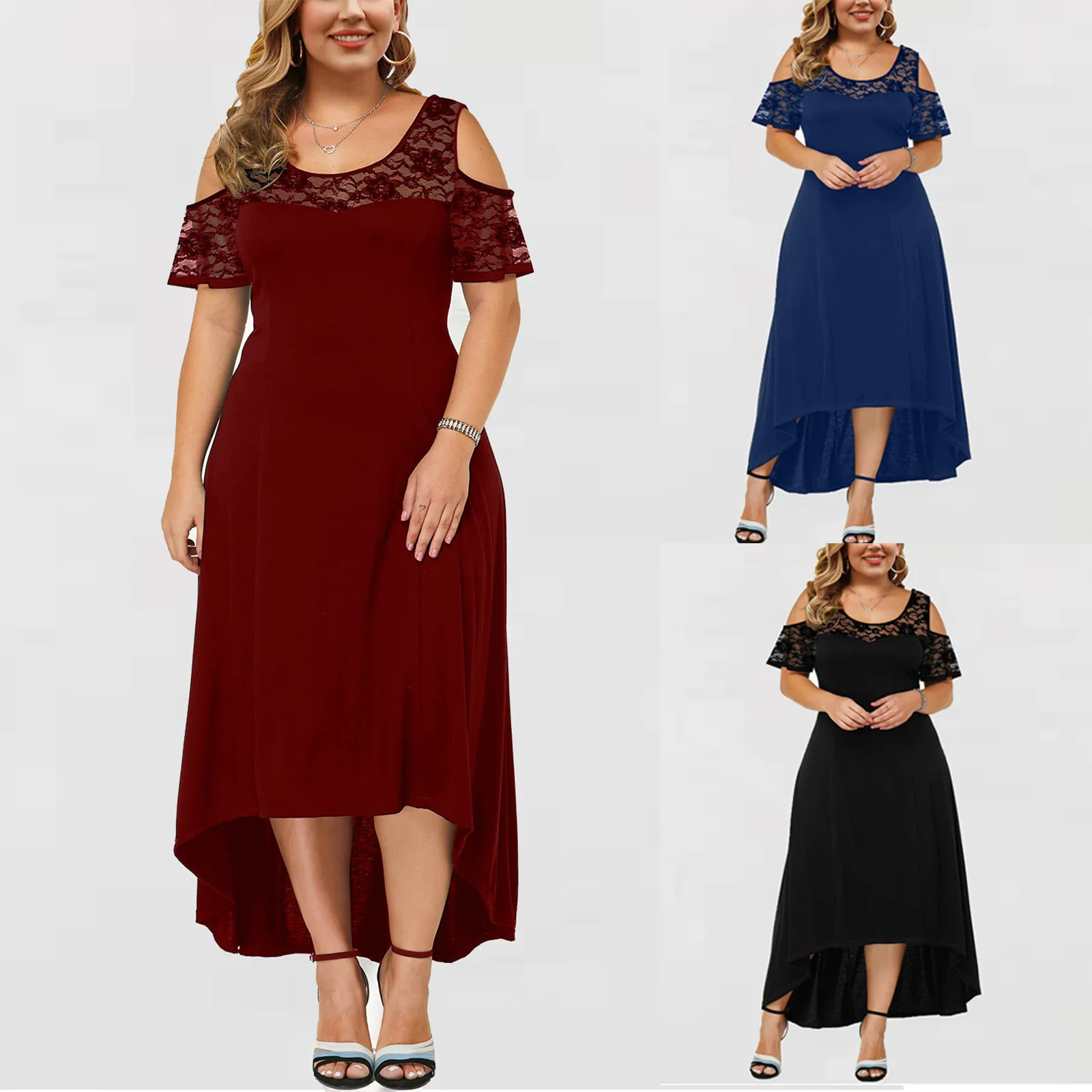 

hot Women Clothing 2021 Plus Size Womens Summer Dress Sexy Dress O-neck Strapless Draw Back Lace Splicing Short Sleeve Dress