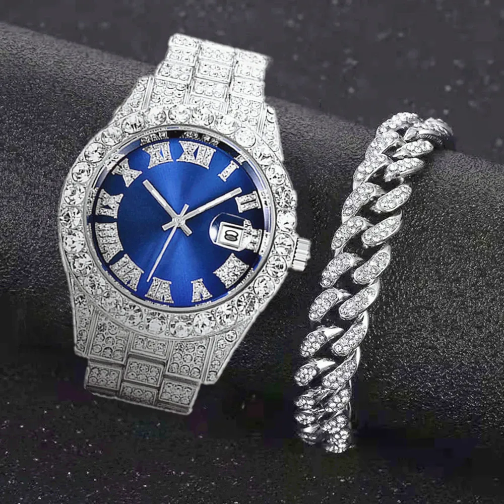 Full Iced Out Watch for Men Bling Miami Cuban Chain Bracelet Iced Out Watches Men Hip Hop Watch Luxury Gold Watch Women Relojes watch for women top brand luxury iced out watch diamond watch for men iced out cuban link chain necklace wristwatch man hiphop