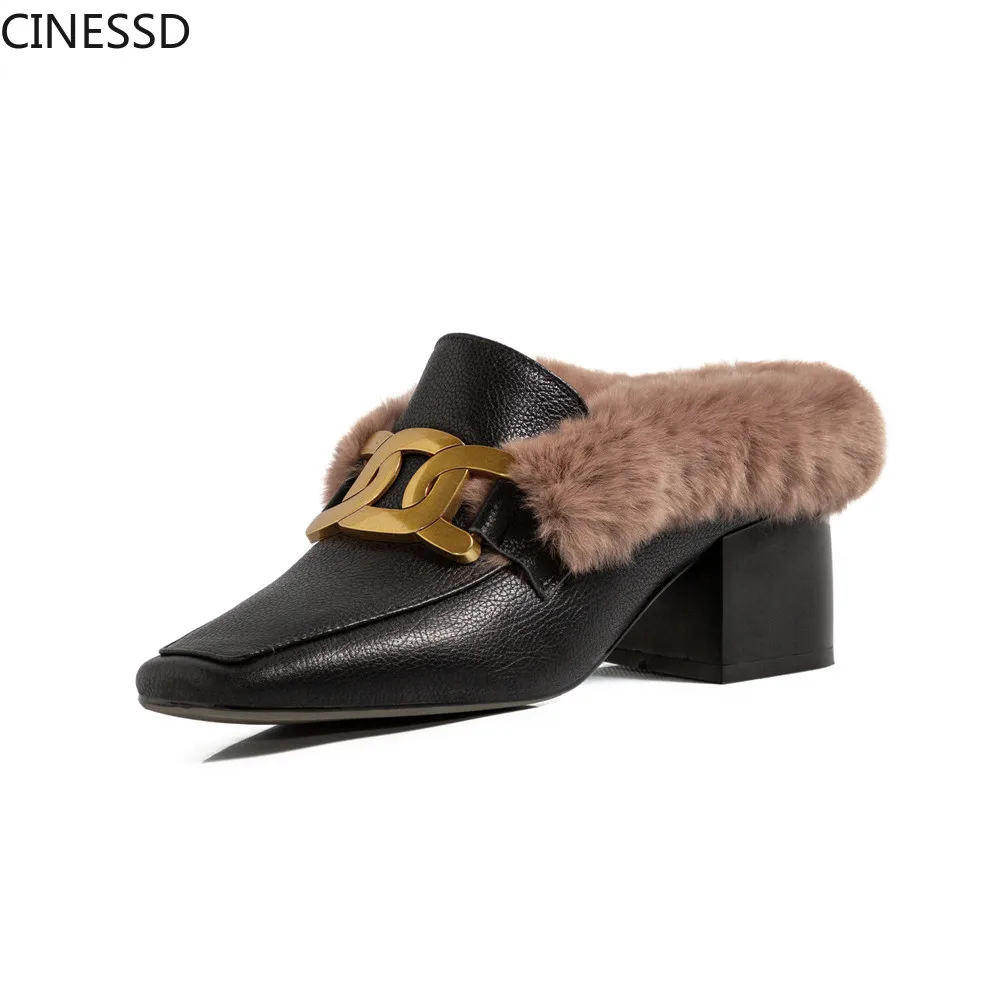 

New Metal Decoration Chain Slippers Rabbit Fur Mules Women Autumn Winter Wear Shoes Woman Flat Warm Slippers