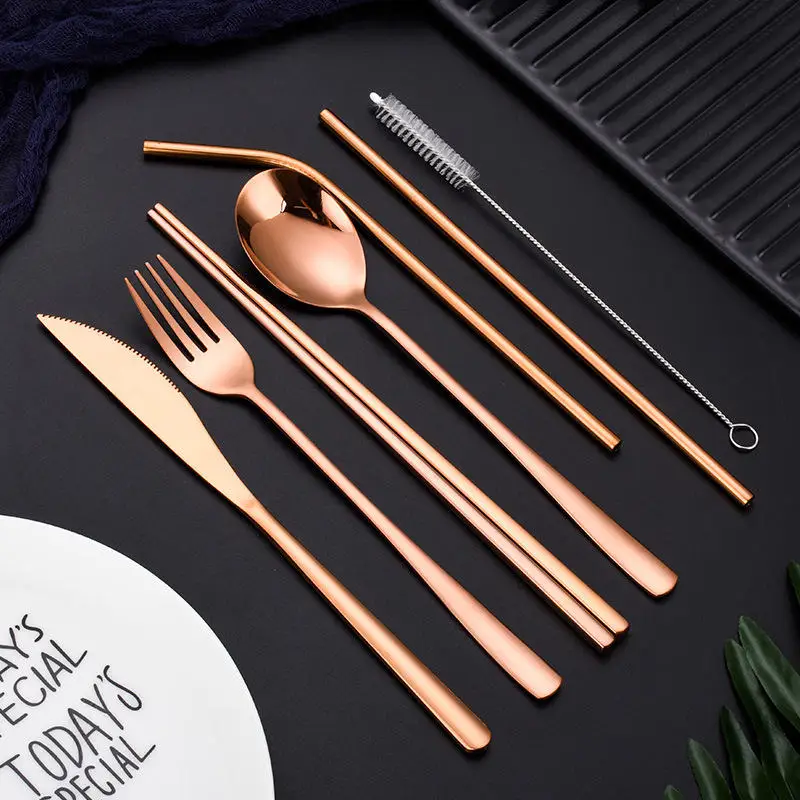 Rose Gold Портативные многоразовые столовые приборы для путешествий, набор из нержавеющей стали 304, вилка, ложка, палочки для еды, набор соломенных кистей, радужные столовые приборы с мешочком - Цвет: Rose Gold
