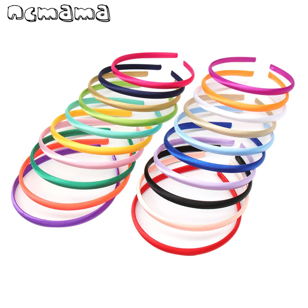 

ncmama 100pcs/lot Solid Hair Bands for Girls Satin Covered 10mm Width Hairbands Candy Color Hair Hoop Party Kids Headwear