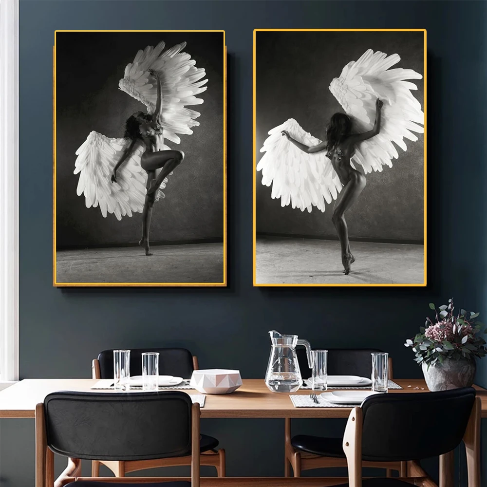 

Modern posters of dancing naked angels with wings and Victoria's Secret black and white decorative room murals