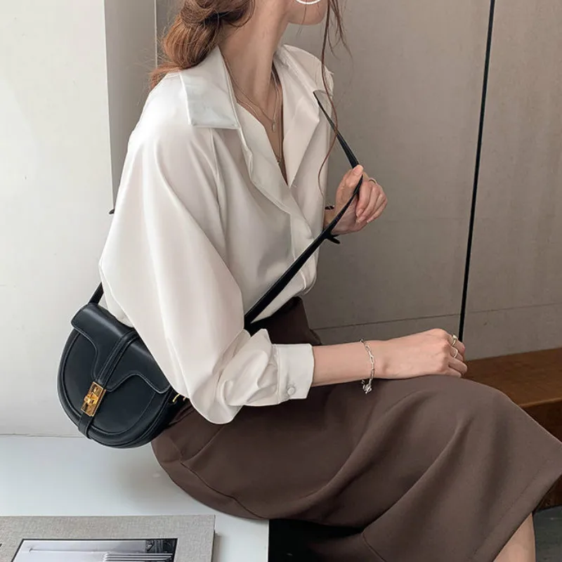 

Shirts Womens Solid Elegant Office Lady Design Turn Down Collar Single Breasted Casual All-match Tender Fashion Simple Spring