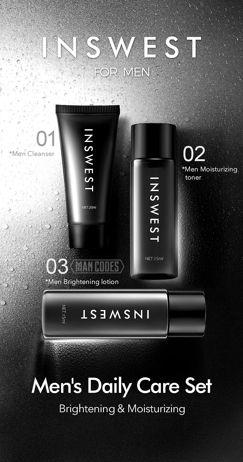 3Pcs Men Brightening Skin Care Set Cleanser& Toner& Lotion Moisturizing Anti Aging Smooth Daily Facial Care 20+15+15ml