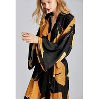 qweek satin robes women maple leaf print bathrobes silk dressing gown autumn sleepwear long kimono bride albornoces peignoirs