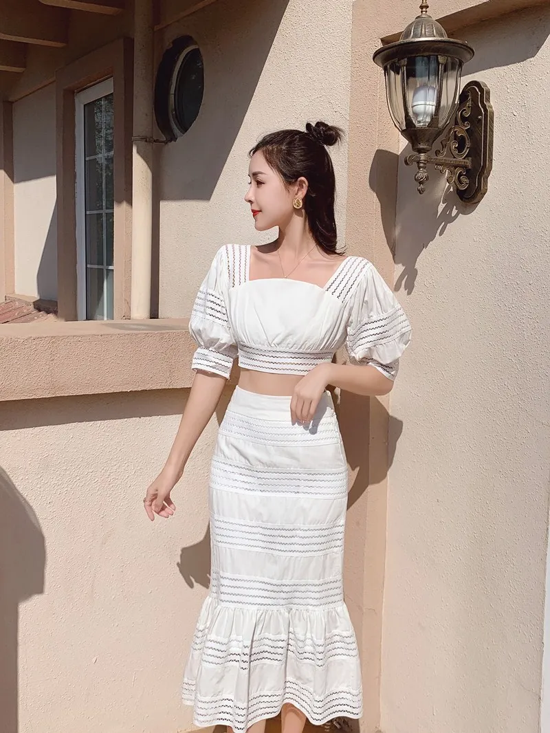 Ladies Holiday Beach White Suit Runway Women Lantern sleeve Hollow Out Crop Tops+Bodycon Bowknot Mermaid Long Skirts 2 Piece set |