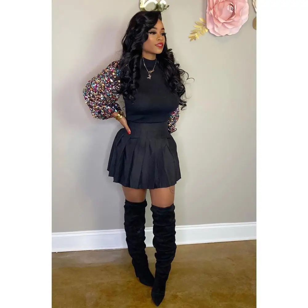 Casual Womne Crop Tops Beads Bubble Long Sleeve High Stretch Knit Turtleneck Sweater Women Autumn And Winter Clothing | Женская одежда