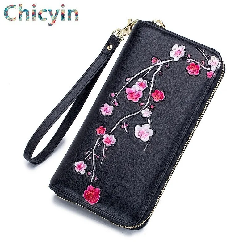 Женский кошелек из натуральной кожи с цветком сливы | Багаж и сумки