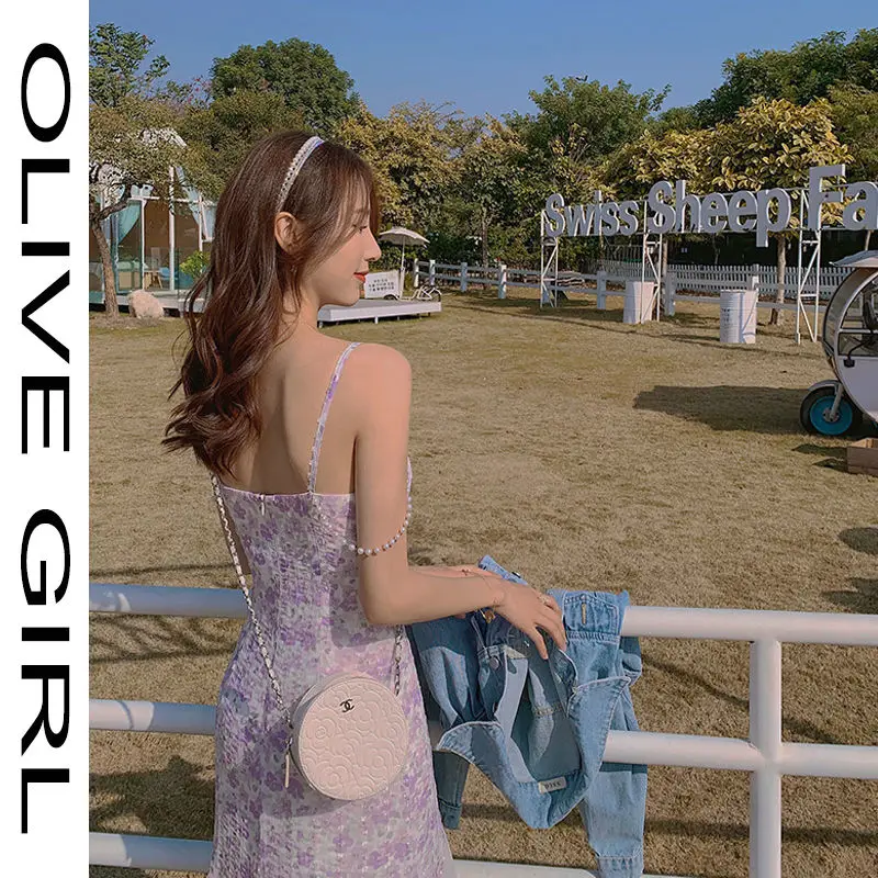 

Summer Dress Elegant Pearl Double Shoulder Strap Purple Floral Travel Vacation Beach Fishtail Dress Strap Wrapped Chest Sexy