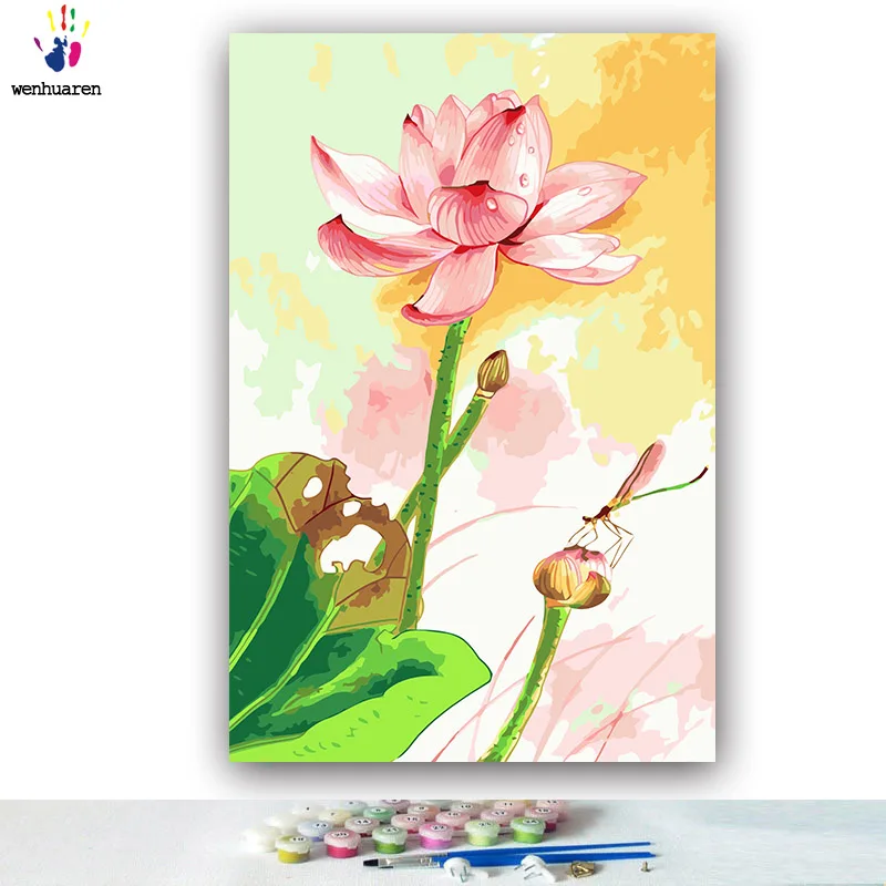 DIY картинки для раскраски по номерам с цветами лотоса и стрекозы картина