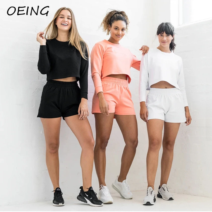 

2021 Womens Long Sleeve Jogging Suits Crop Tops and Shorts Casual Fashion 2 Piece Sets