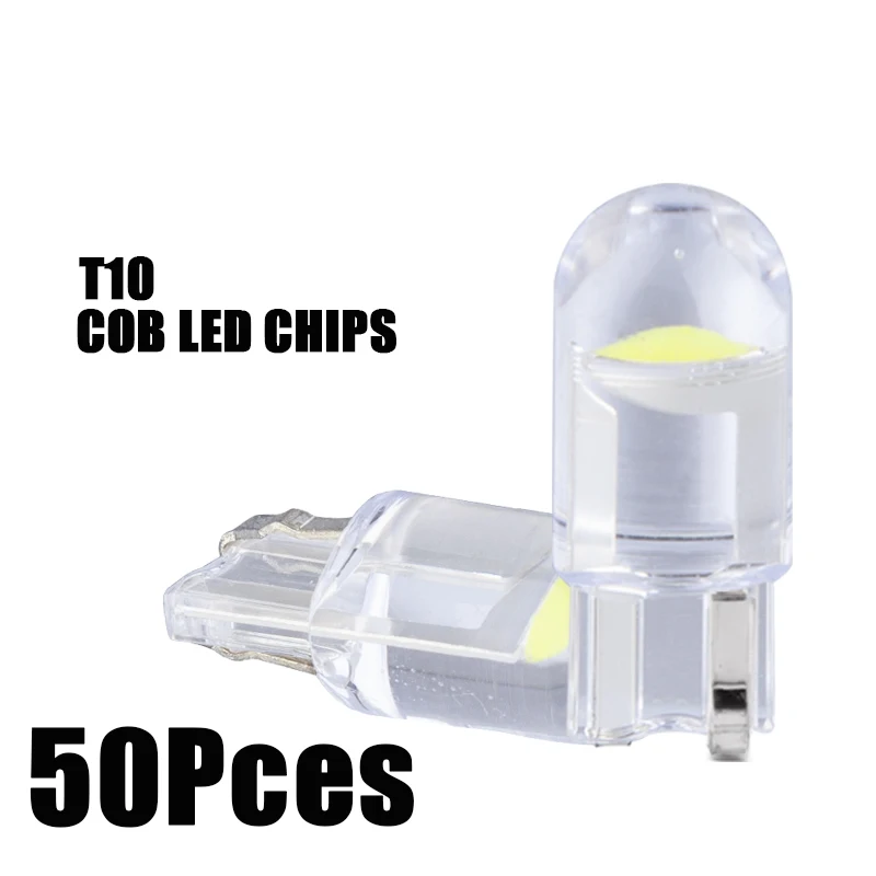 

50 шт., светодиодная лампа T10 W5W COB, яркость 12 В, 6000K