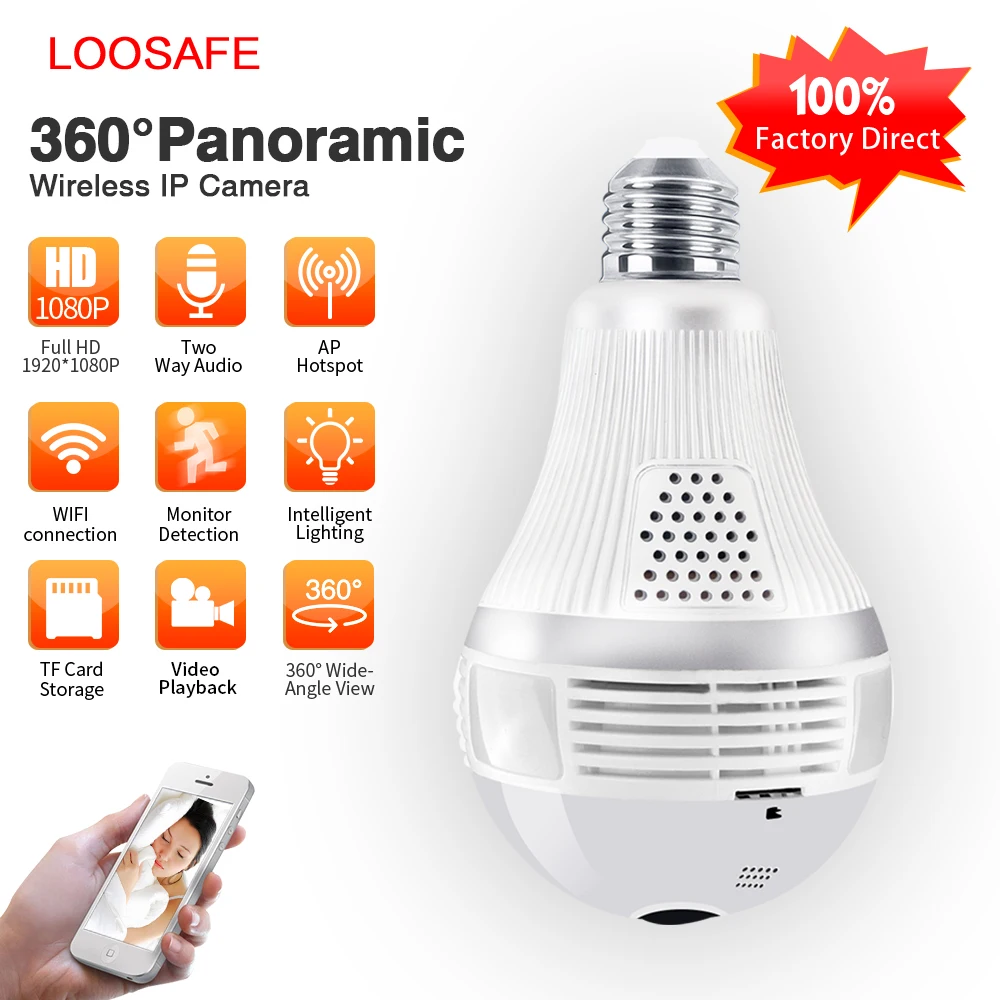 Loosafe HD 360 ° панорамный Wifi 1080P IP Камера светильник лампочка домашней безопасности
