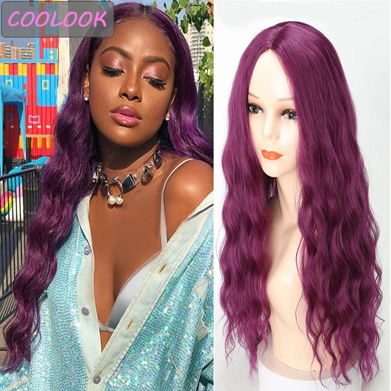 

20''Long Wavy Purple Wigs for Women African American Water Wave Wig Middle Part Ombre Synthetic Fibre False Hair Cosplay Wig 99j
