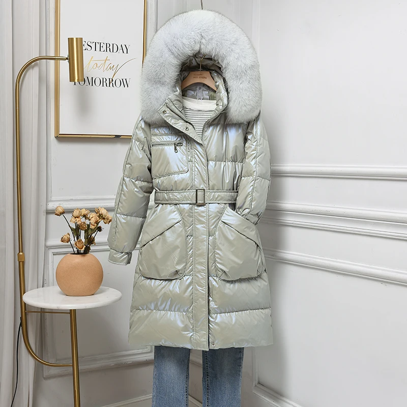 Fitaylor Winter Large Real Fur Collar Hooded Feather Long Jacket Women with Belt Slim Down Coat Bright Surface Fit Thick Outwear | Женская