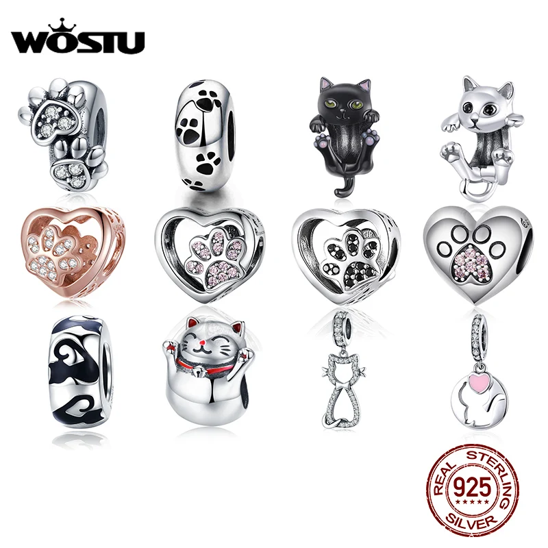WOSTU 925 пробы серебро Kitty бусина &quotКошка&quot киска след циркония Подвески подходят к