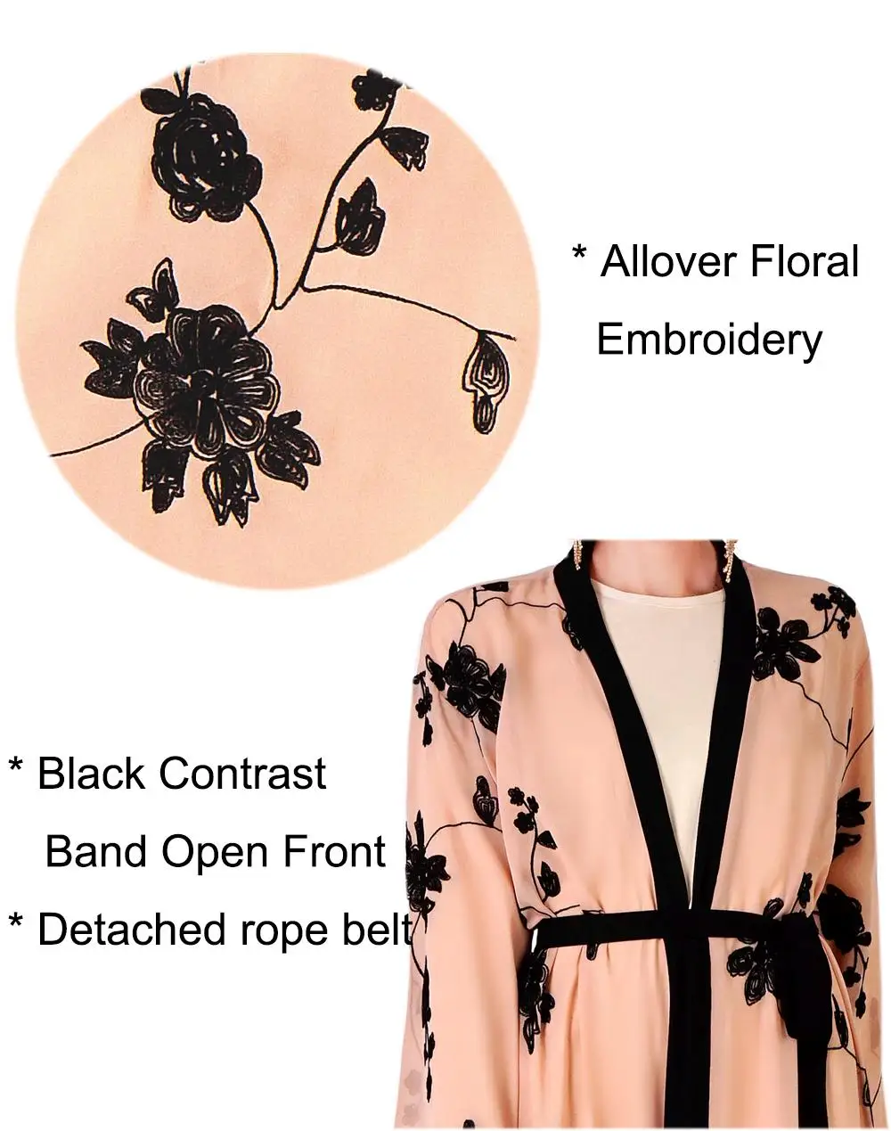 

Kimono Abaya Dubai Open Front Kaftan Muslim Embroidery Women Long Cardigan Dress With Belt Jilbab Islam Clothing Arab Robe Gown