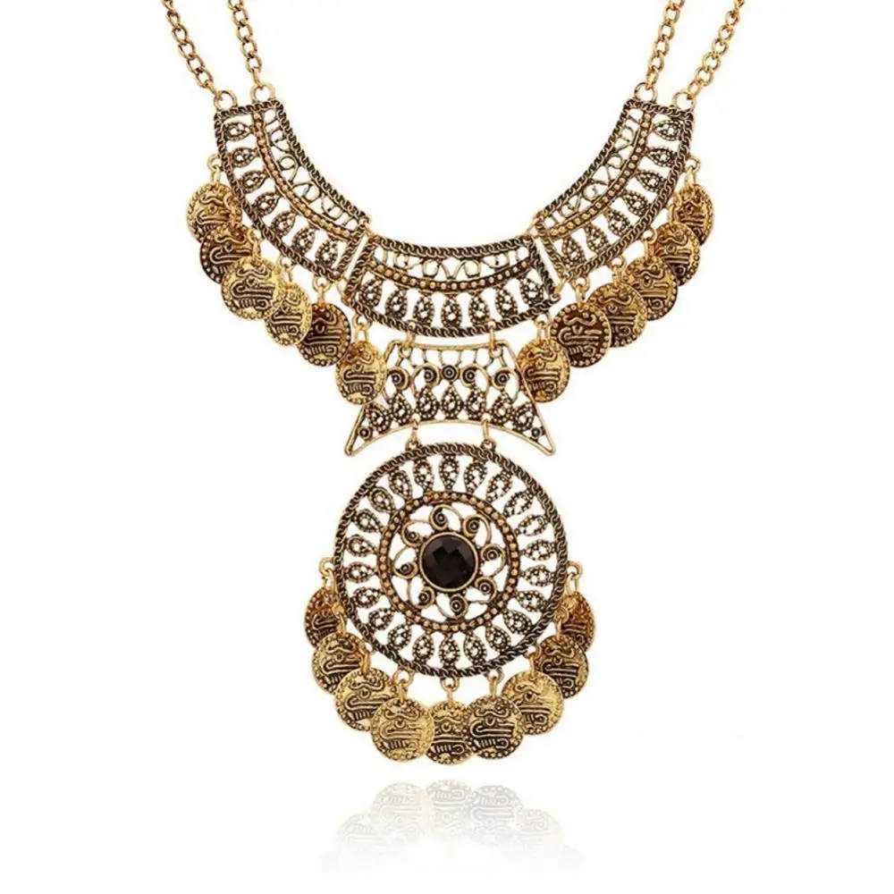 

Hot Sales!! Women's Boho Ethnic Vintage Double Chain Coin Flower Statement Necklace Jewelry