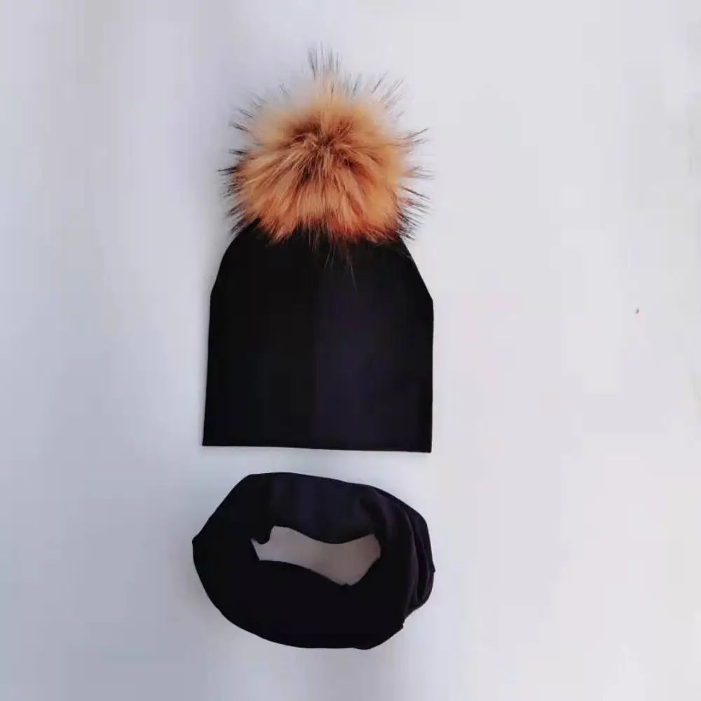 2 black Детская шапка с помпонами, осенне-зимние детские шапки для девочек и мальчиков, детская шапочка, шапка с воротником, шарф, комплект, детская шапка, реквизит для фотосессии - Цвет: 2 black