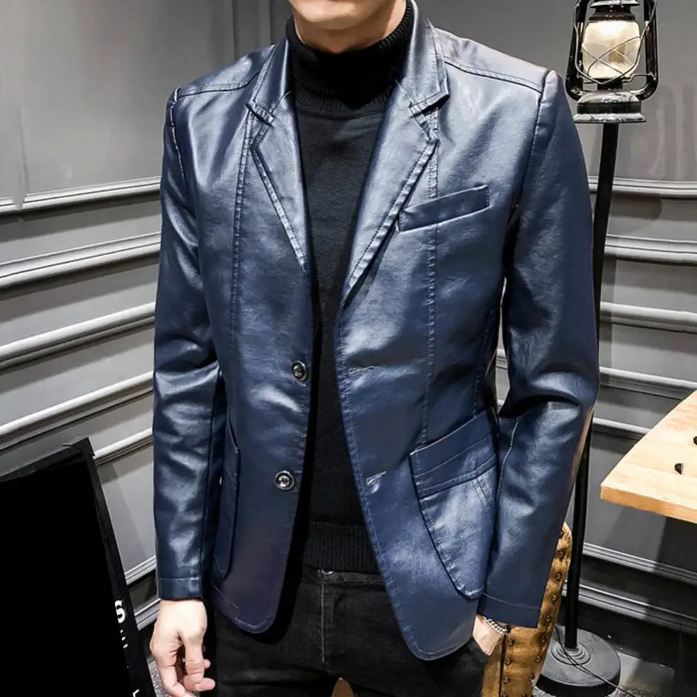 Мужской однотонный блейзер из искусственной кожи облегающая куртка с длинным