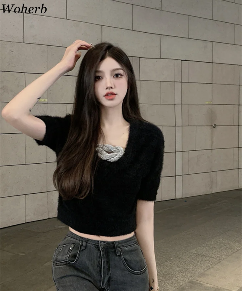 Женские свитера Woherb осенняя одежда сексуальные укороченные пуловеры с V-образным
