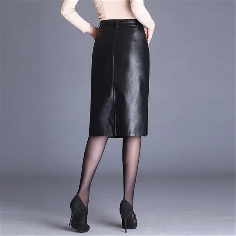 High Quality PU Leather Skirt Women 2019 Autumn Winter New Waist Fashion Skirts OL Office Lady One Step | Женская одежда