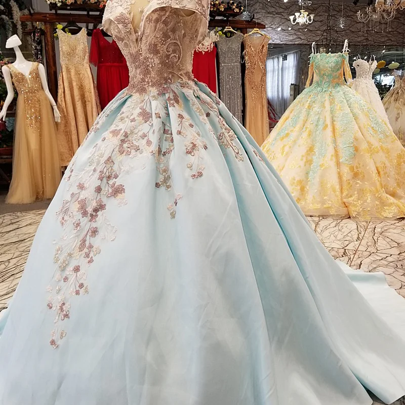 LS09778 light blue a-line cheap satin evening dress short sleeve sexy v-back with train for elegant girls fast shipping | Свадьбы и