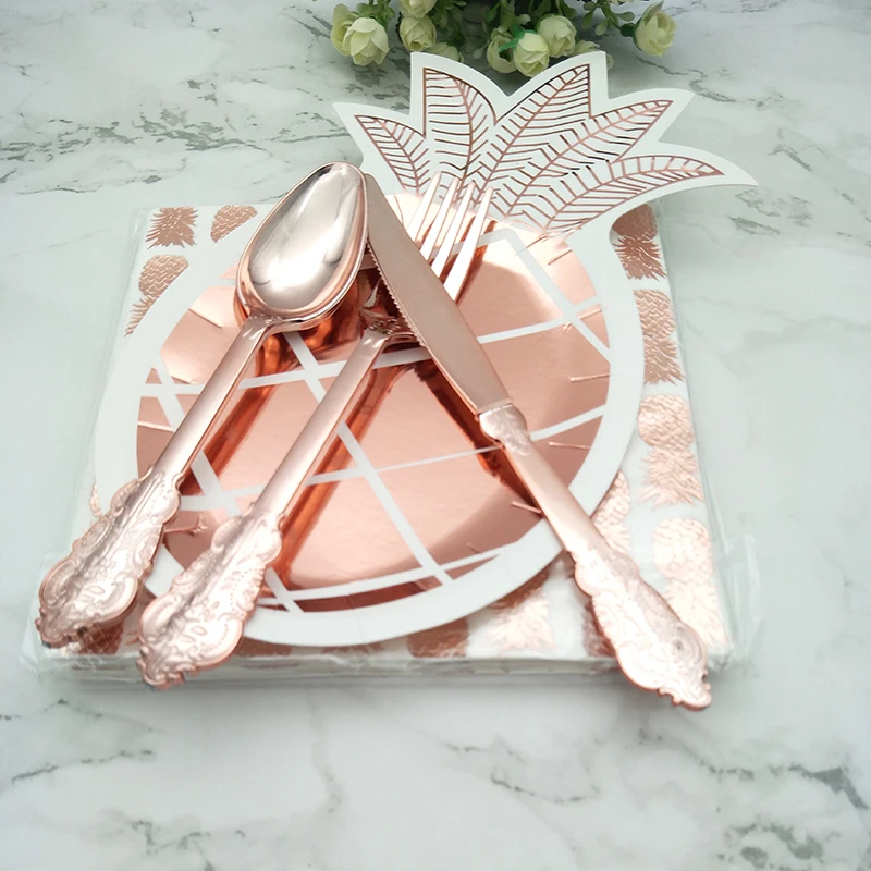 8 комплектов розовые золотые бумажные тарелки салфетки пластиковый нож вилка