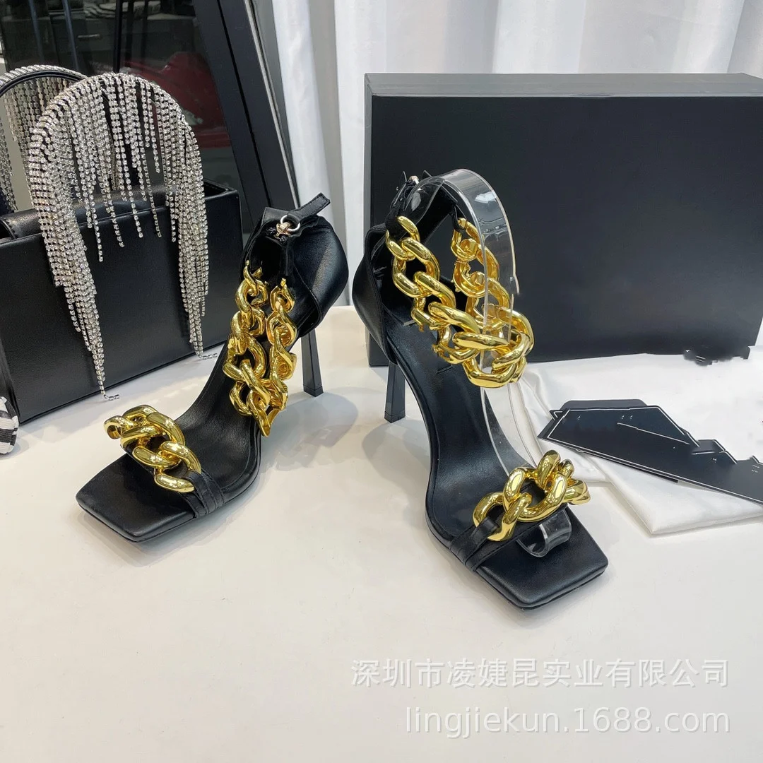 

2021 summer new square head cowhide high heel thin heel fashion chain bag heel open toe sandals