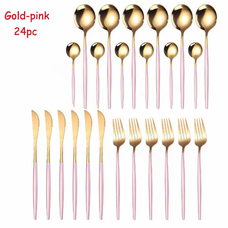 

Kitchen Tableware stainless steel cutlery set 24 piece Dinnerware Set Knife Fork Spoon cutlery set green gold Utensils Reusable