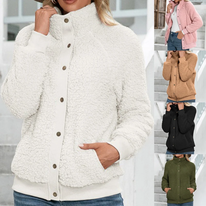 

Winter Lamb Wool Fleece Jacket Streetwear Women Single Breasted With Pocket Thick Coats Jacket Casual Loose Autumn Coat 2021