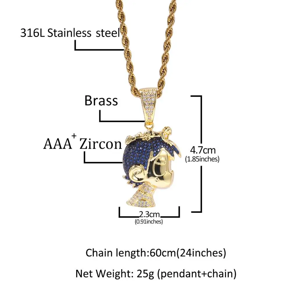 

New Gold Color Boy Head Pendants Cartoon Person Necklace Paved AAA+ Iced Out Cubic Zircon Stone Bling Hip Hop Necklace For Men