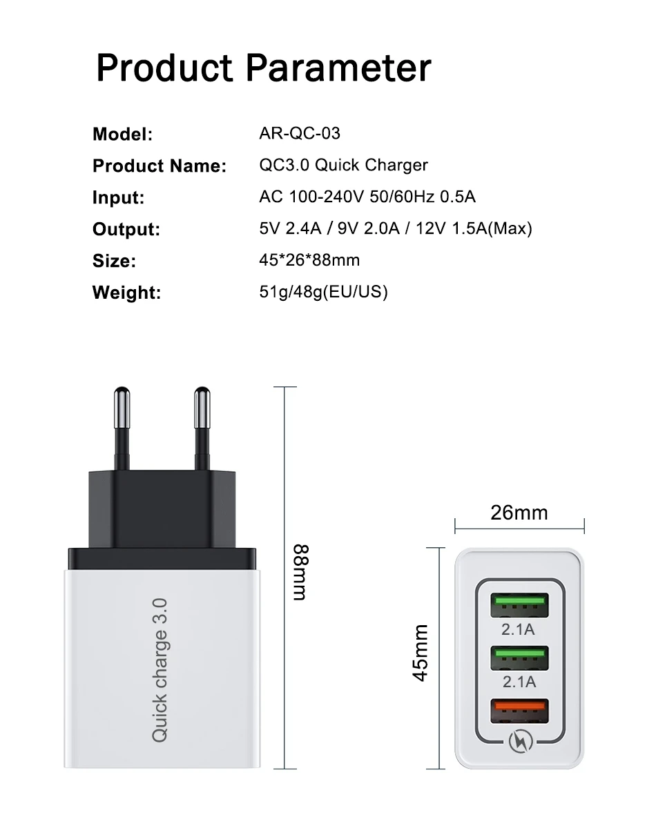 OREY 24 Вт Быстрая зарядка 3,0 быстрое зарядное устройство для samsung S10 3 порта USB зарядное устройство для huawei mate 20 QC 3,0 зарядное устройство адаптер