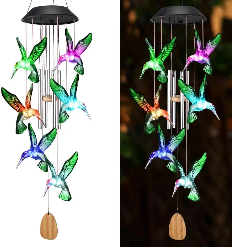 

Color Changing Solar Power Wind Chime Crystal Ball Hummingbird Butterfly Waterproof Outdoor Windchime Light for Patio Yard Garde