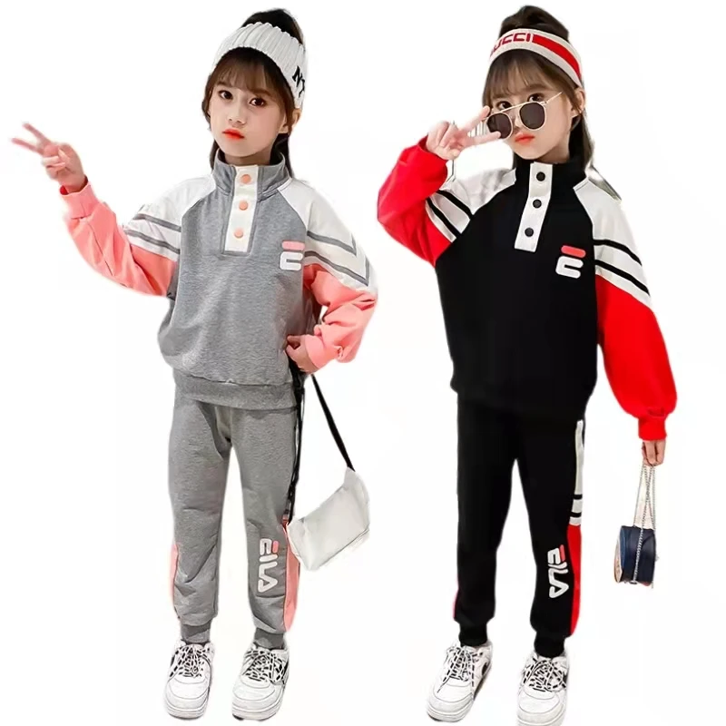 

Одежда для девочек, спортивные комплекты, весенне-осенний Повседневный хлопковый детский спортивный костюм, полосатая куртка + брюки, 2 моде...
