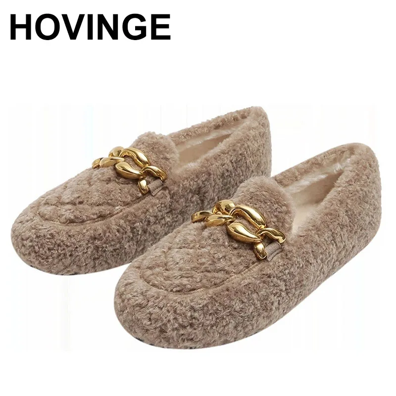 

HOVINGEPlus Size 34-43 Ladies Fluffy Fur Shoes Winter Plush Cotton Ballerina Flats Women Pregnant Loafers Comfy Chains Lambswool