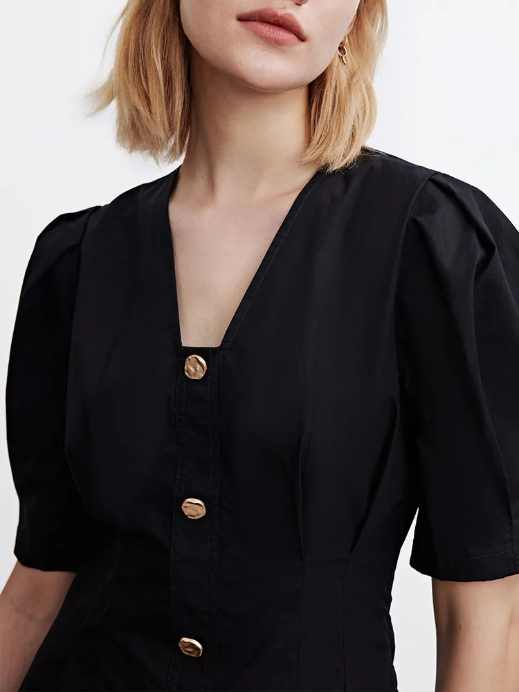 

2021 spring and summer new women's retro gentle wind solid color V-neck waist slimming slim dress