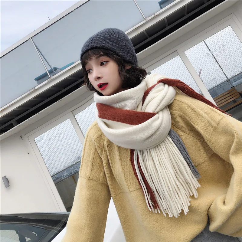 

Два-Цвет шить шарф 2020 осень-зима в Корейском стиле Стиль Новый кашемировый свитер с кисточками теплые мужские Цвет подходящий шарф для женщ...