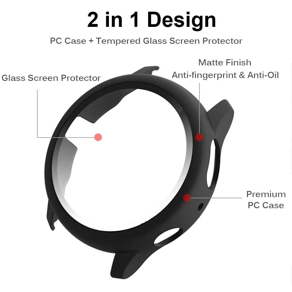 

For Samsung Galaxy Watch Active 2 40mm 44mm Matte Hard PC Case Cover 9H Tempered Glass Full Screen Protector Luxury Bumper