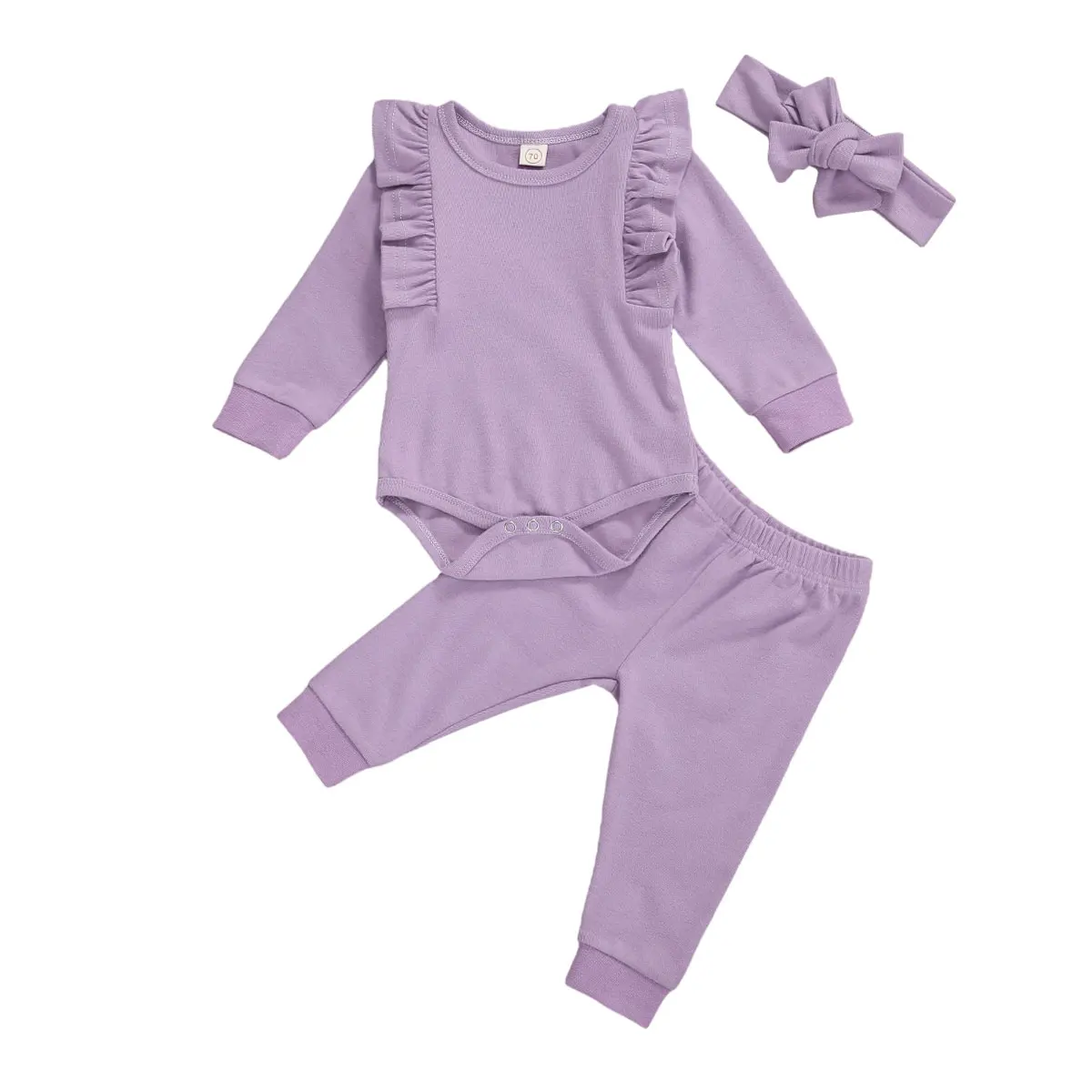 

Однотонный хлопковый топ с длинным рукавом и оборками, с круглым вырезом, штаны и повязка на голову с бантом для девочек 0-24 месяцев, одежда д...