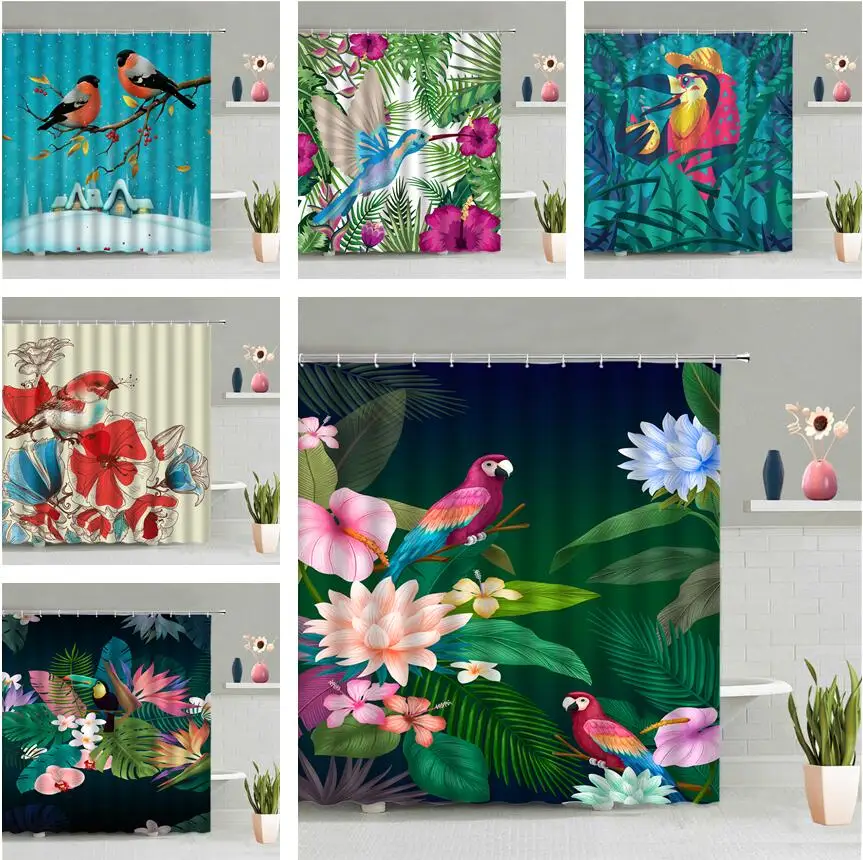 

Занавеска для душа с цветным попугаем и птицами, декоративная Водонепроницаемая Штора для ванной комнаты с тропическими зелеными растения...