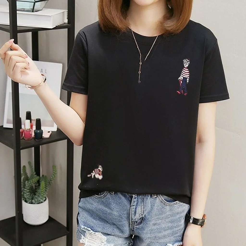 Женская футболка с коротким рукавом круглым вырезом и вышивкой|Футболки| |